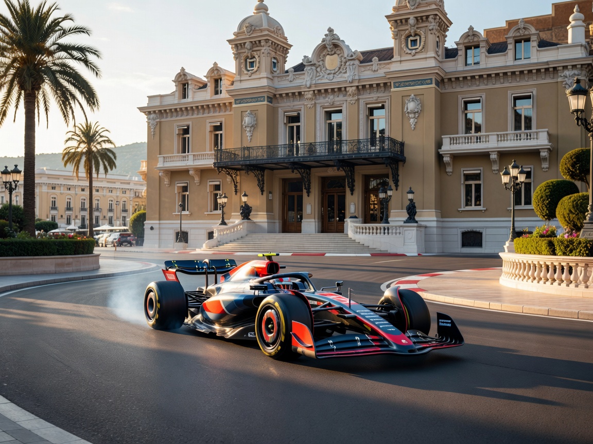 Formula 1 car driving through Monaco Casino Square tight turns