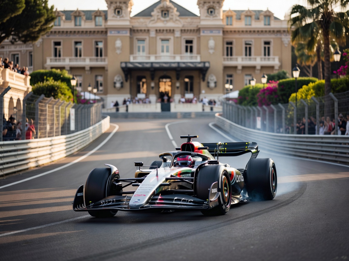 Formula 1 car taking the uphill curve of Beau Rivage toward Casino Square