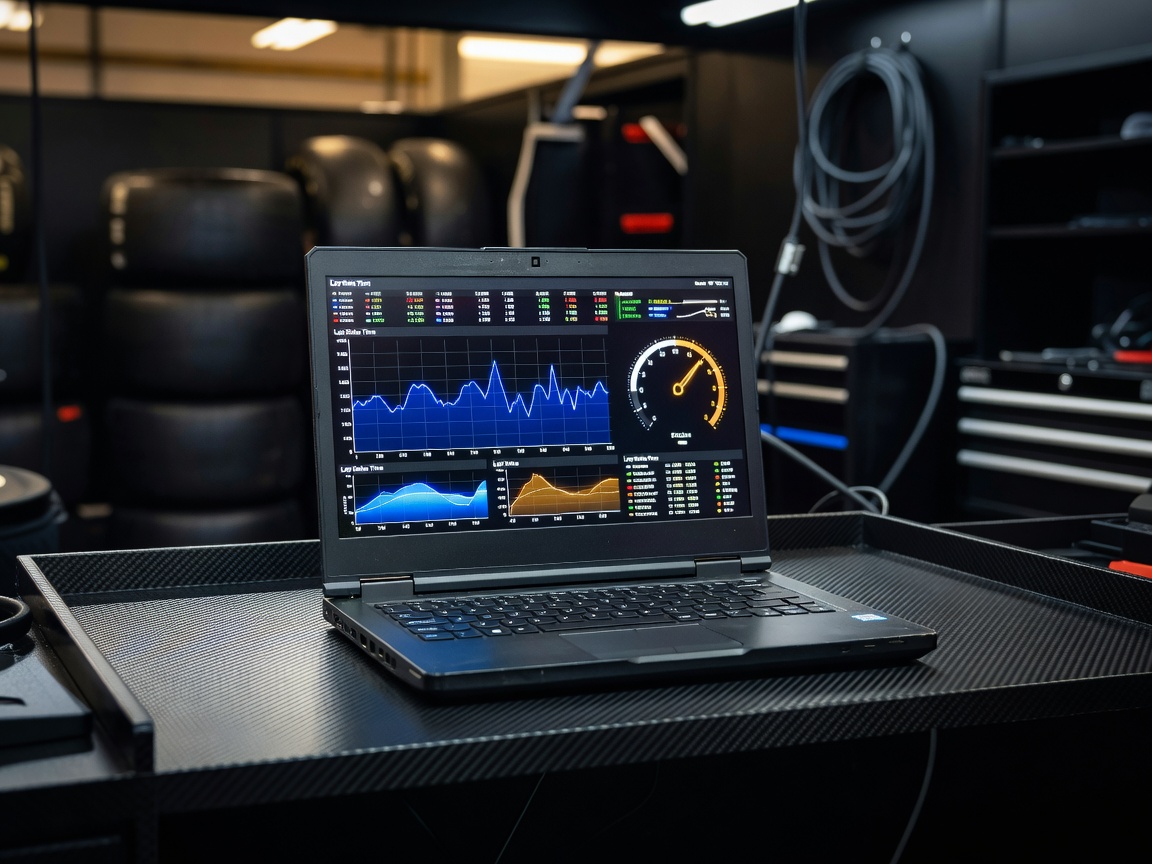 Race car telemetry laptop displaying lap delta time and steering angle